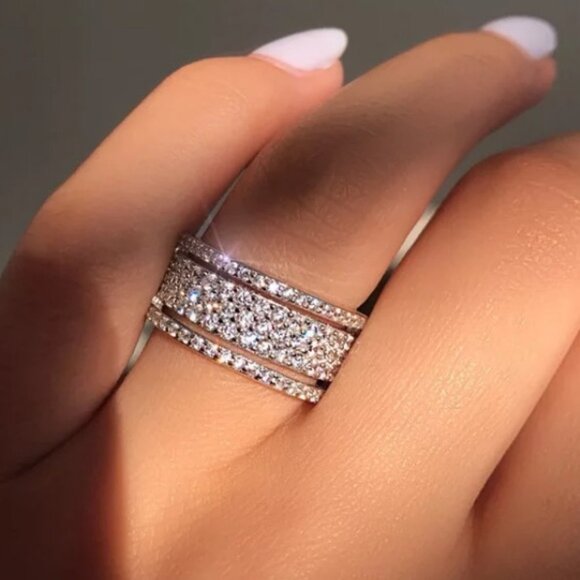 New 925 sterling silver stacked diamond wide ring